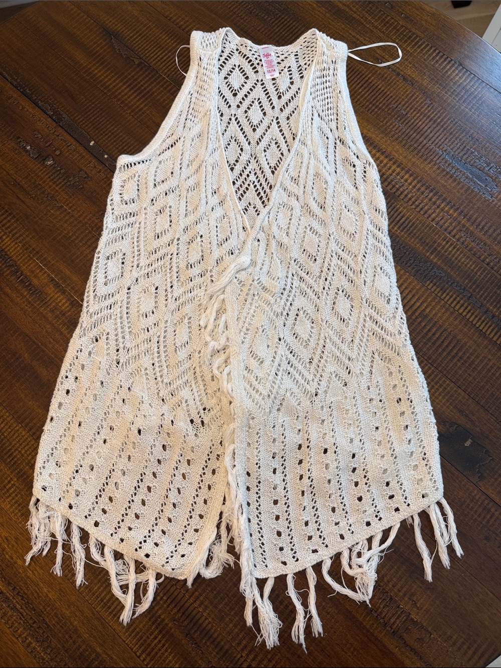 Justice Cream Openwork Knit Fringe Vest